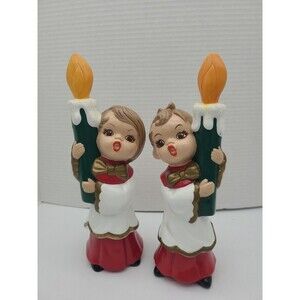 Set 2 Hand Painted Ceramic Boy Girl Christmas Carolers Candle 10.5"